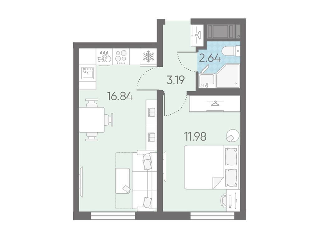 1-комнатная, 34.65 м2, Морская миля 1-комнатная, 34.65 м2, Морская миля