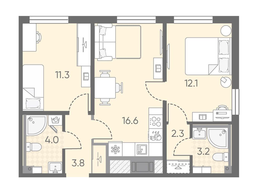 2-комнатная, 53.3 м2, ЖК «Октябрьская набережная»