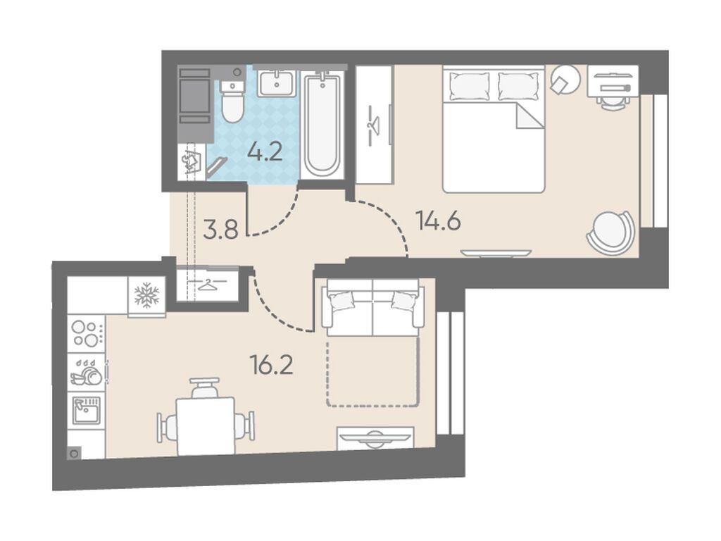 1-комнатная, 38.8 м2, Измайловский 1-комнатная, 38.8 м2, Измайловский