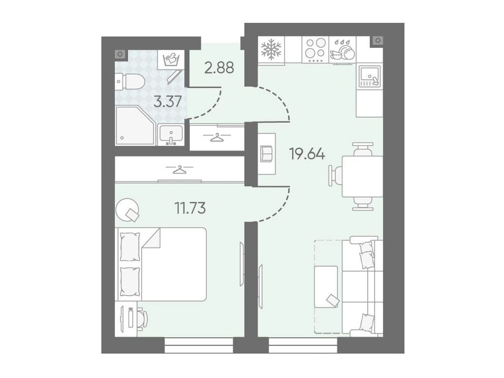 1-комнатная квартира, 37.8 кв.м, ЖК "Морская миля"