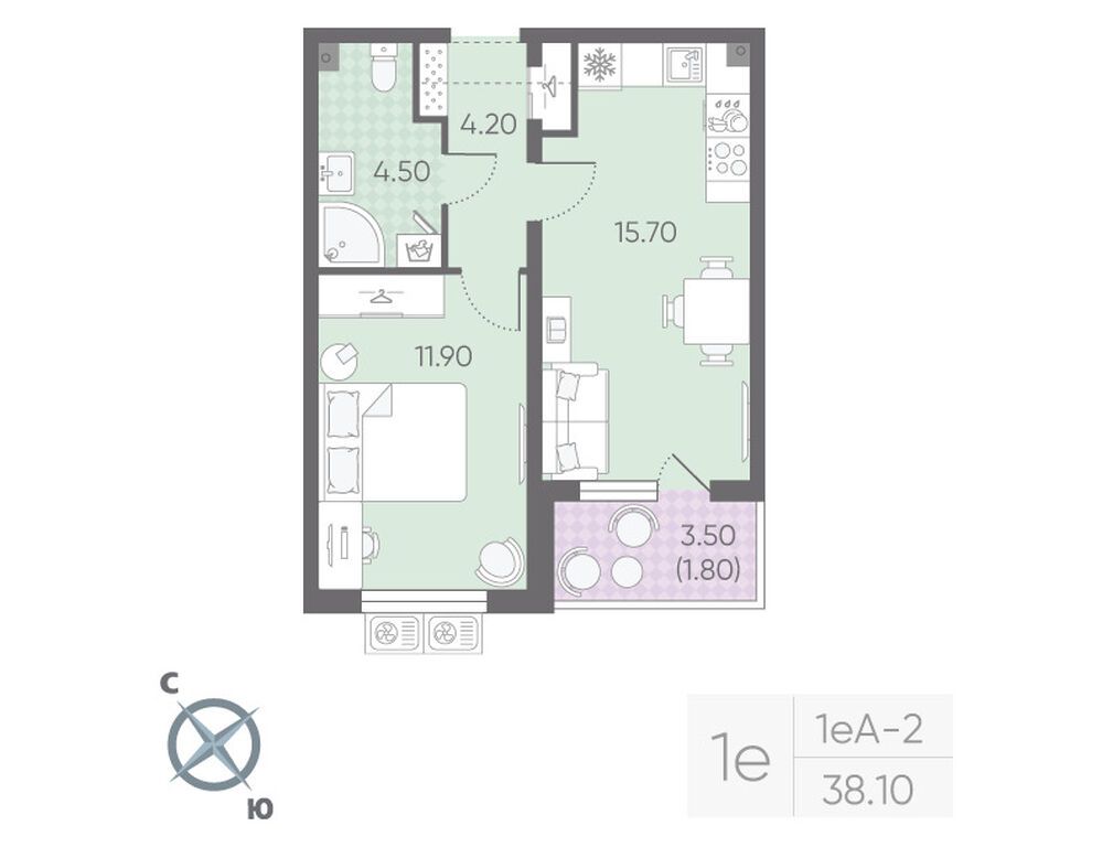 1-комнатная, 38.1 м², 15 этаж из 20, ЖК «Ручьи»