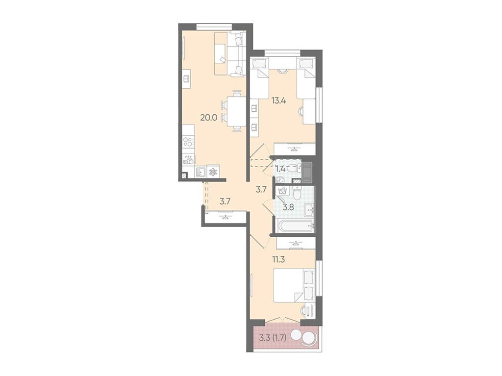 2-комнатная квартира, 59 кв.м, ЖК "Пейзажный квартал" (Цветной город)