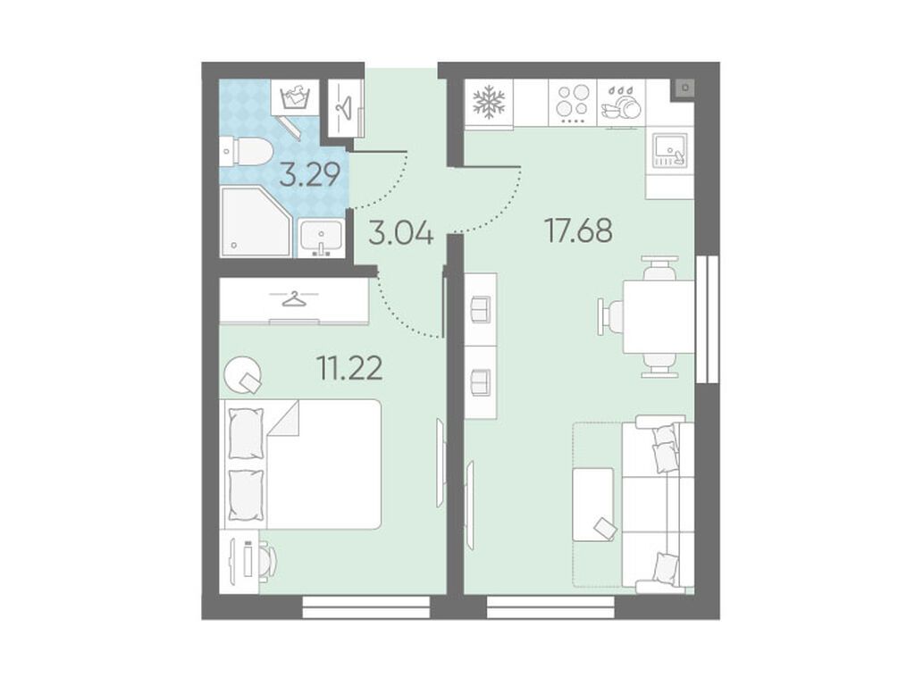 1-комнатная, 35.23 м2, Морская миля 1-комнатная, 35.23 м2, Морская миля