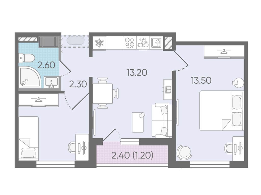2-комнатная, 41.3 м2, ЖК «Цветной город»