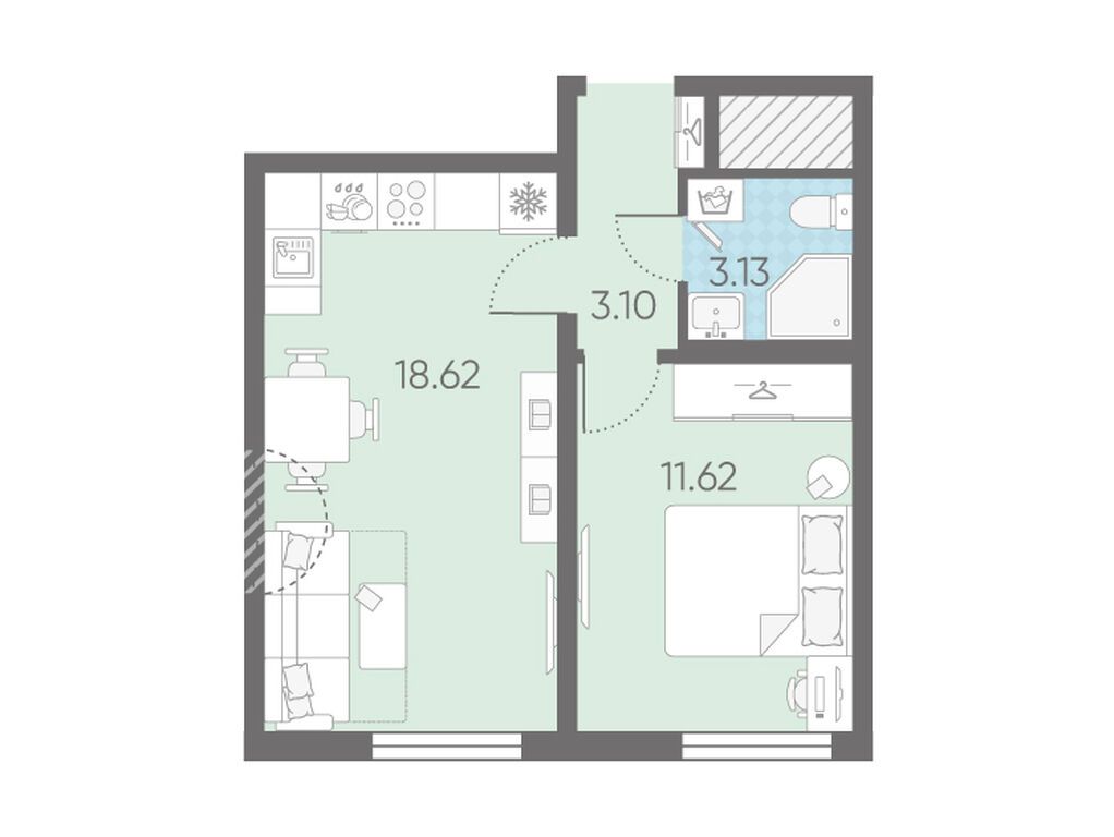 1-комнатная, 36.47 м2, Морская миля 1-комнатная, 36.47 м2, Морская миля
