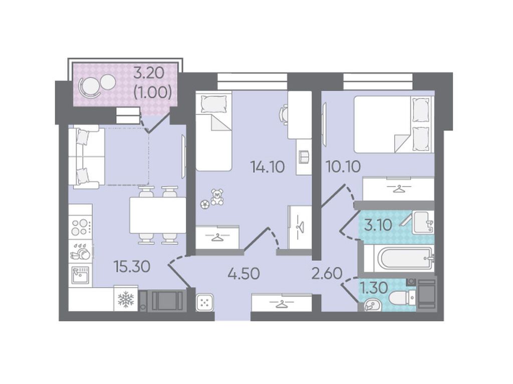 2-комнатная квартира, 52 кв.м, ЖК «Цветной город»