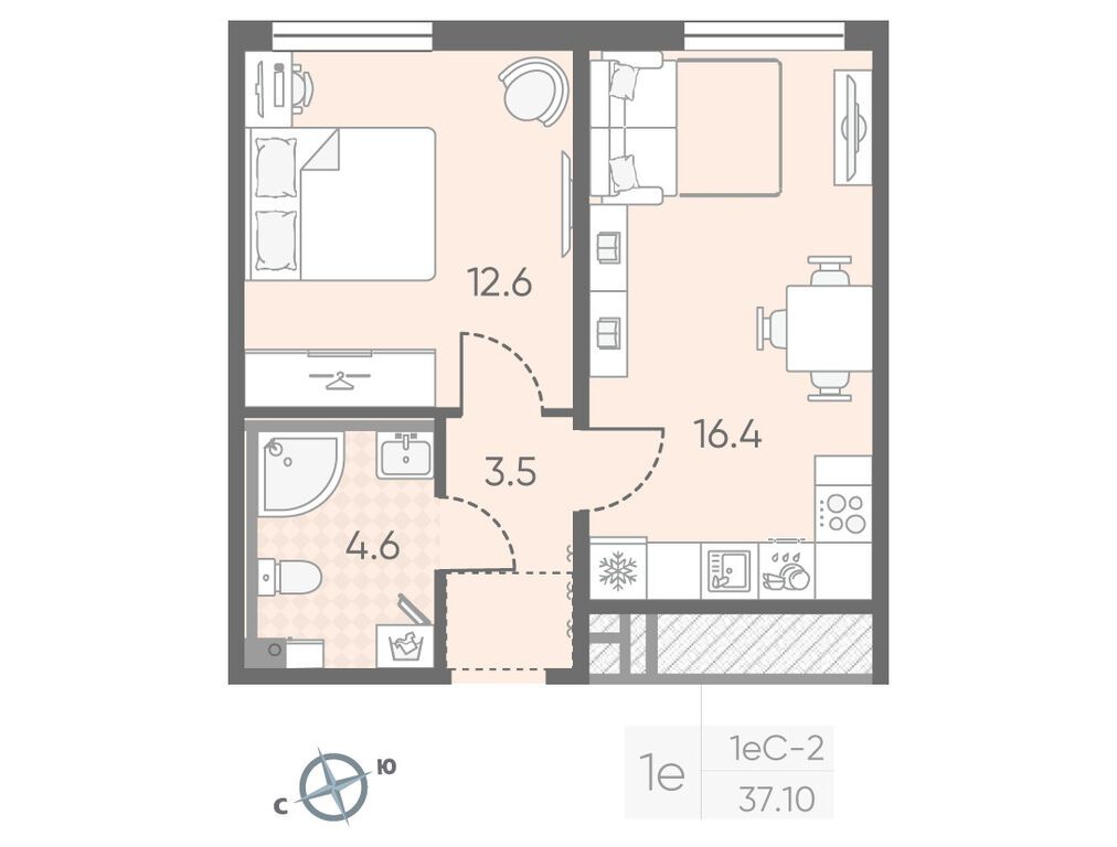 1-комнатная, 37.1 м2, ЖК «Октябрьская набережная»