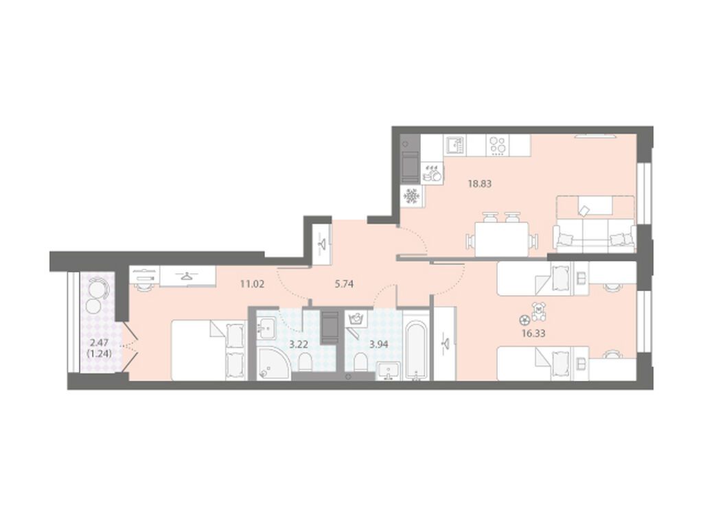 2-комнатная, 60.32 м2, ЖК «Цивилизация на Неве»