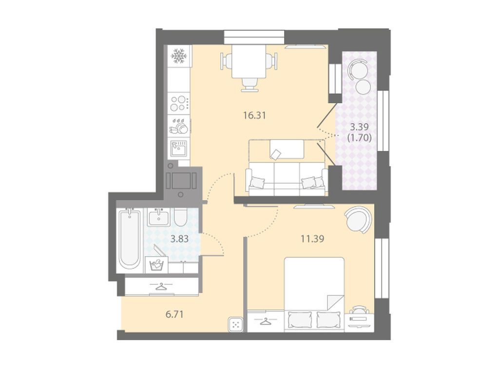 1-комнатная, 39.94 м2, ЖК «Цивилизация на Неве»