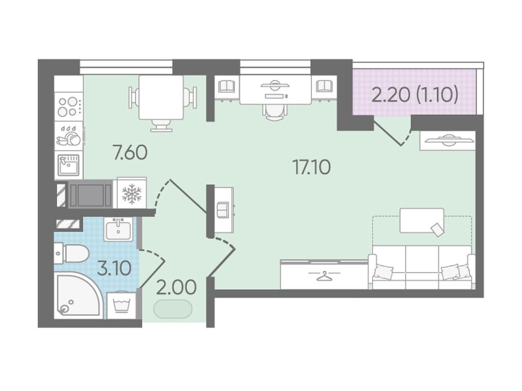 1-комнатная квартира, 30.9 кв.м, ЖК "Цветной город"