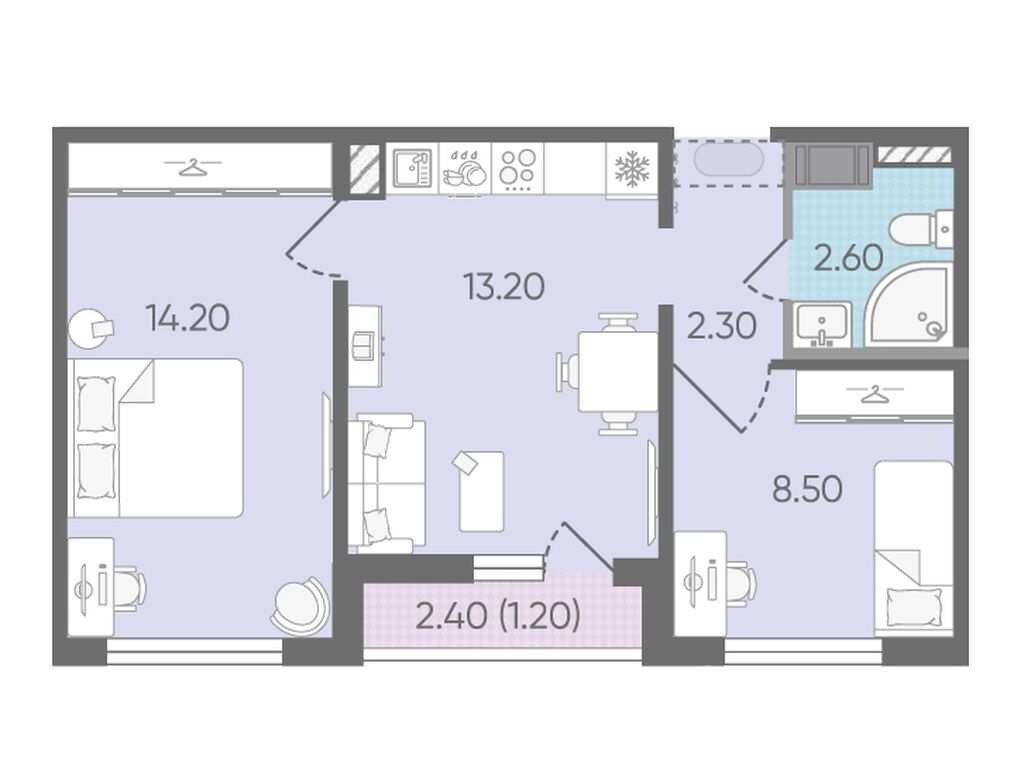 2-комнатная, 42.3 м2, ЖК «Цветной город»
