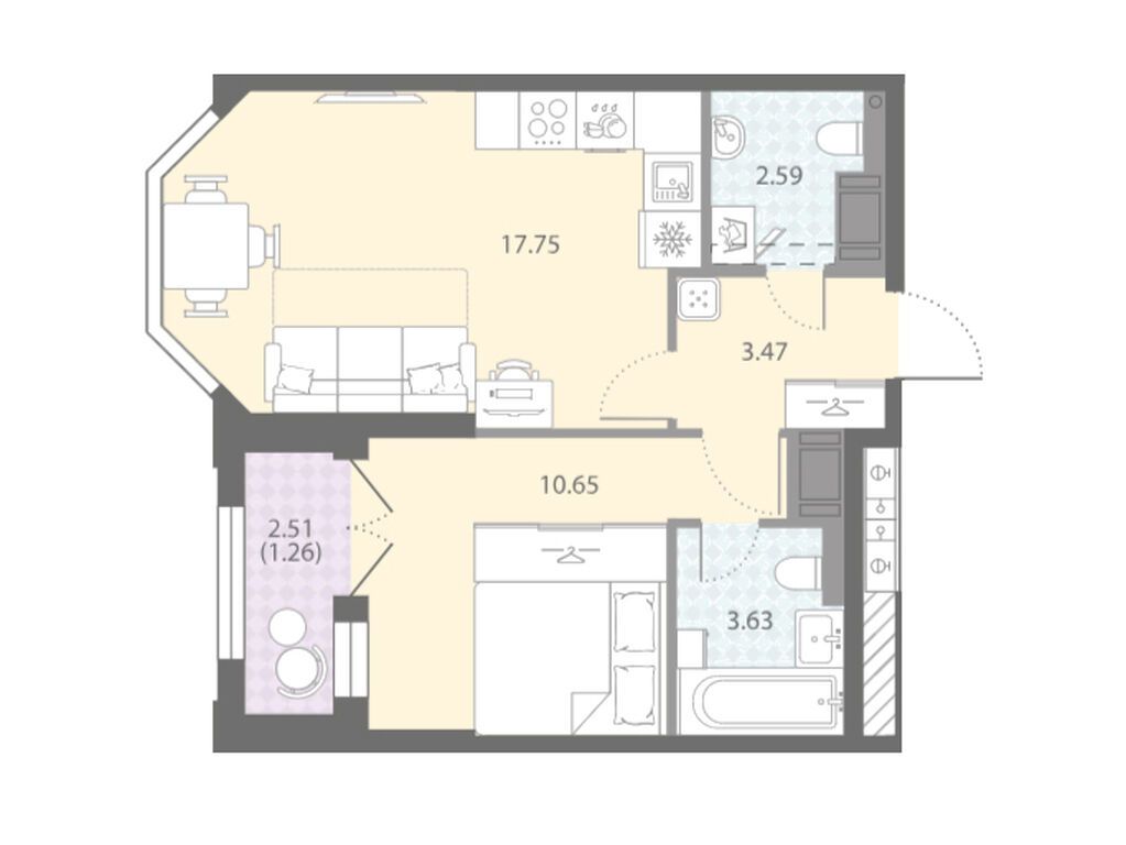 1-комнатная квартира, 39.35 кв.м, ЖК "Цивилизация на Неве"