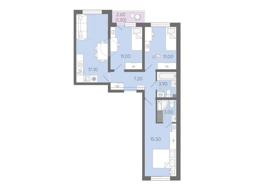 3-комнатная, 70 м2, ЖК «Ручьи»