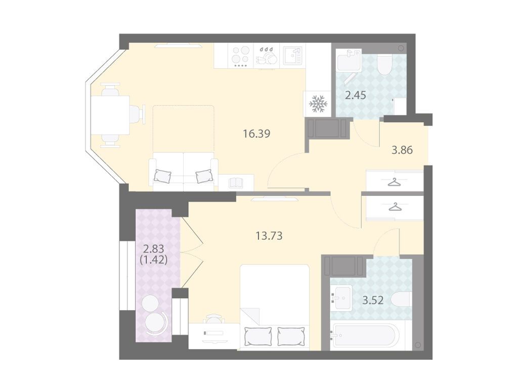 1-комнатная, 41.4 м², 8 этаж из 18, ЖК «Цивилизация на Неве»