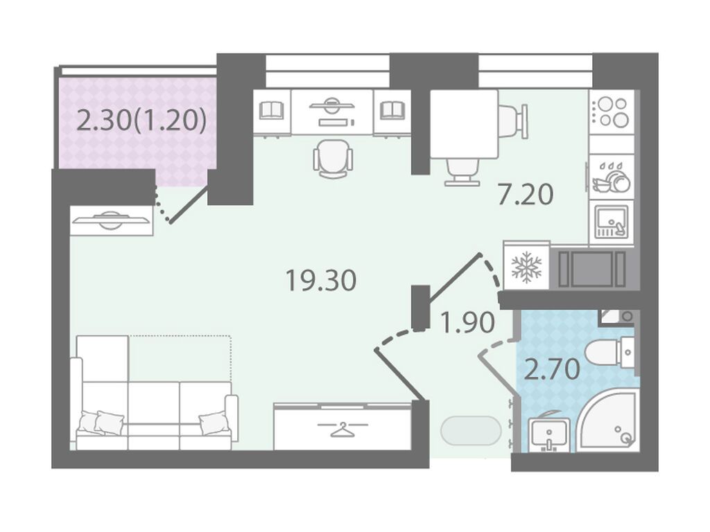 1-комнатная квартира, 32.3 кв.м, ЖК "Цветной город"