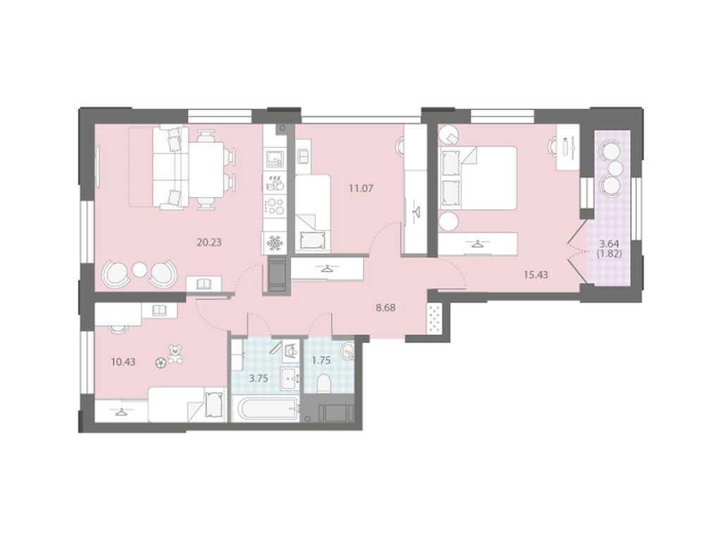 3-комнатная квартира, 73.16 кв.м, ЖК «Цивилизация на Неве»
