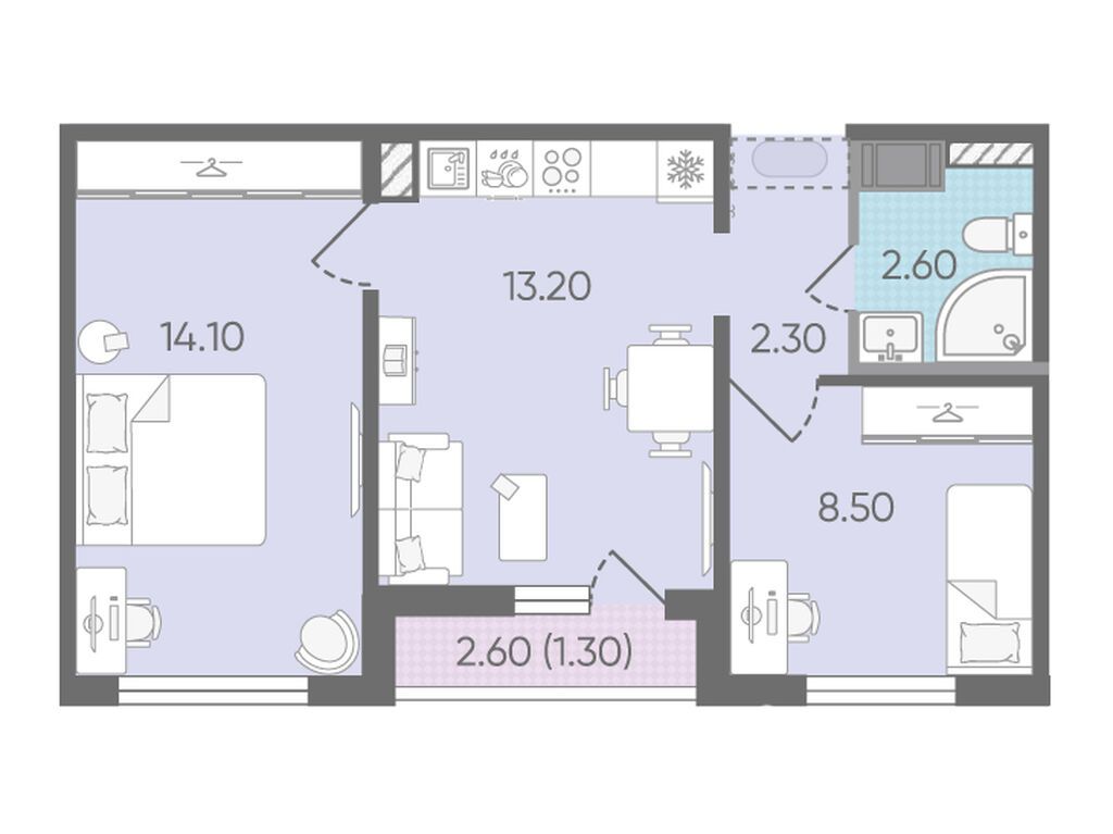 2-комнатная, 42.2 м2, ЖК «Цветной город»