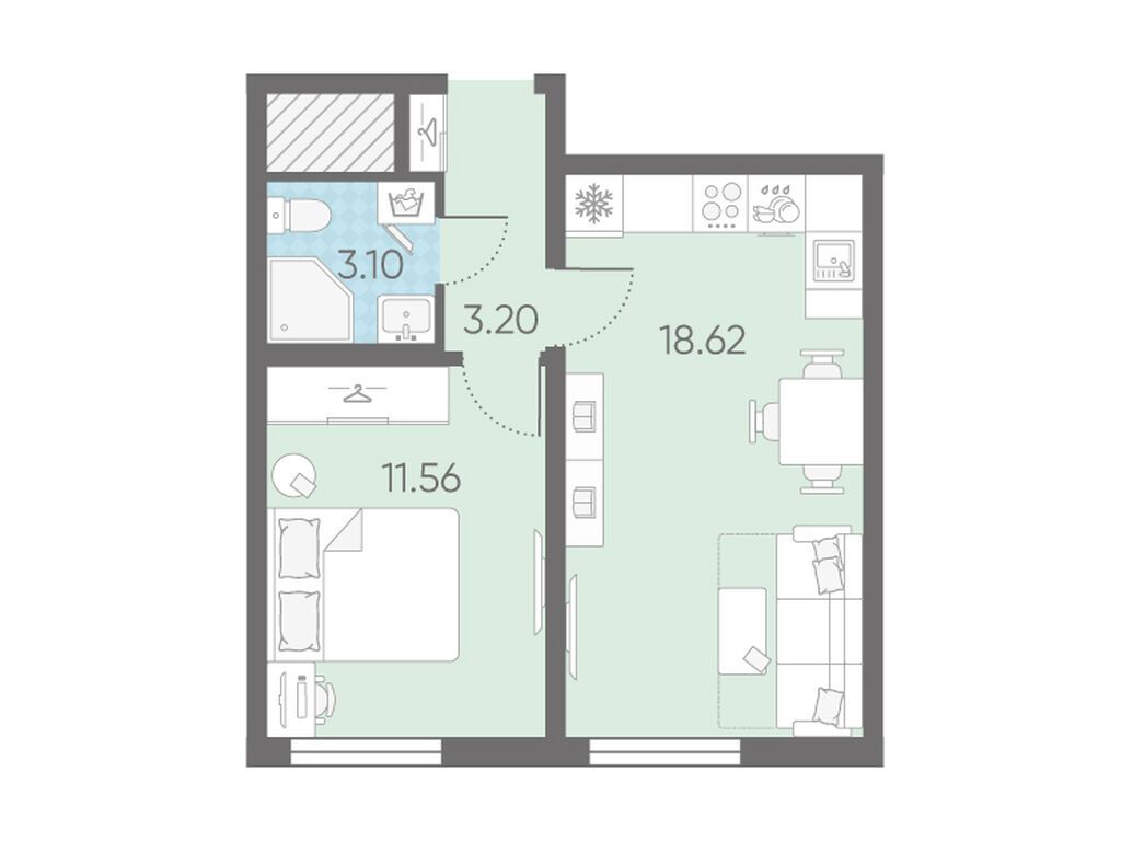 1-комнатная, 36.48 м2, Морская миля 1-комнатная, 36.48 м2, Морская миля