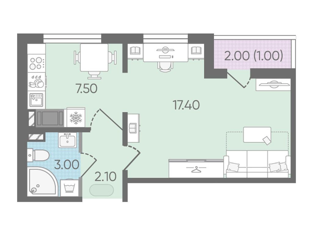 1-комнатная квартира, 31.1 кв.м, ЖК «Цветной город»
