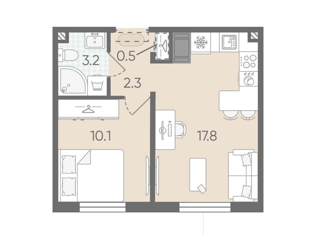 1-комнатная, 33.9 м2, ЖК «Пейзажный квартал»